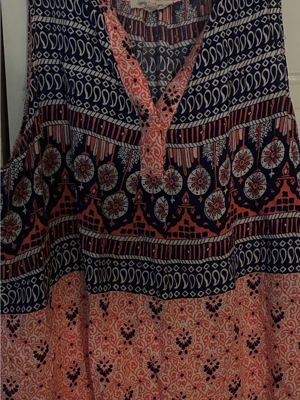 Printed V-Neck Boho Blouse in Navy and Coral size large